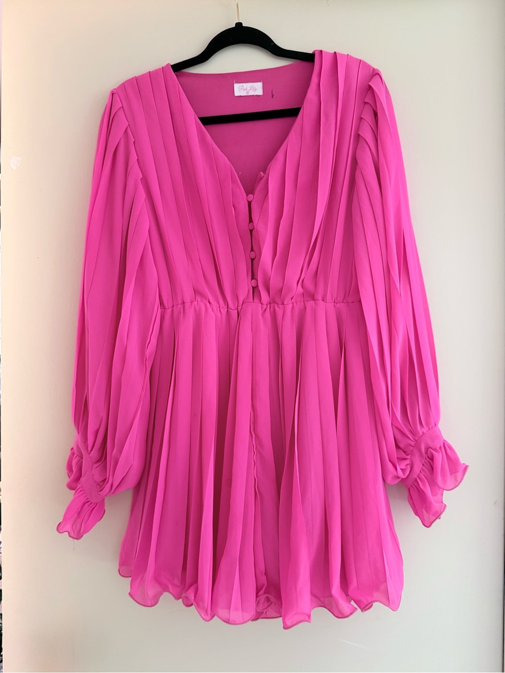Pink Lily Hot Pink Pleated Long Sleeve Romper
